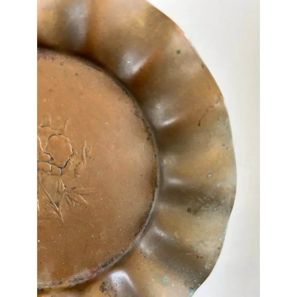 Vintage Copper Scalloped Dish Embossed Floral Poppy Design Trinket Tray